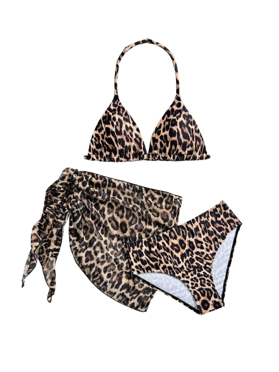 RoseSeek Girl's 3 Piece Swimsuits Floral High Waisted Bikini Bathing Suit with Mesh Coverups Skirt, Brown, 16 Years — image 1