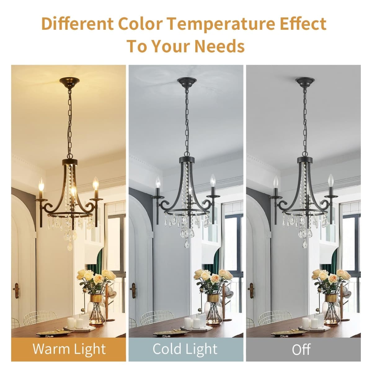 Black Crystal Chandelier, 5-Light Modern Black Chandelier for Dining Room Light Fixture, Crystal Pendant Ceiling Light Fixture, Modern Candle Chandelier for Living Room Kitchen Island Entryway Bedroom thumbnail 3
