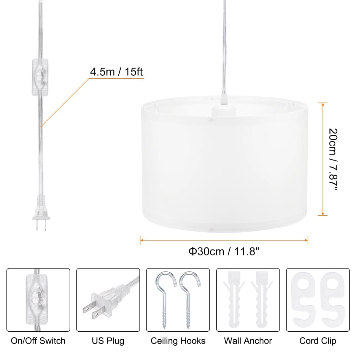 PATIKIL Plug in Pendant Light, 15Ft Rope Cord Hanging Lamp Fixture with ON/Off Switch, Fabric Shade E26/E27 Bulb Socket for Bedroom Kitchen Living Room, White thumbnail 2