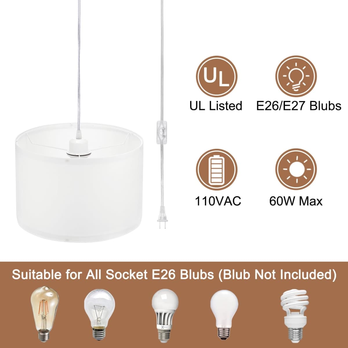 PATIKIL Plug in Pendant Light, 15Ft Rope Cord Hanging Lamp Fixture with ON/Off Switch, Fabric Shade E26/E27 Bulb Socket for Bedroom Kitchen Living Room, White thumbnail 3