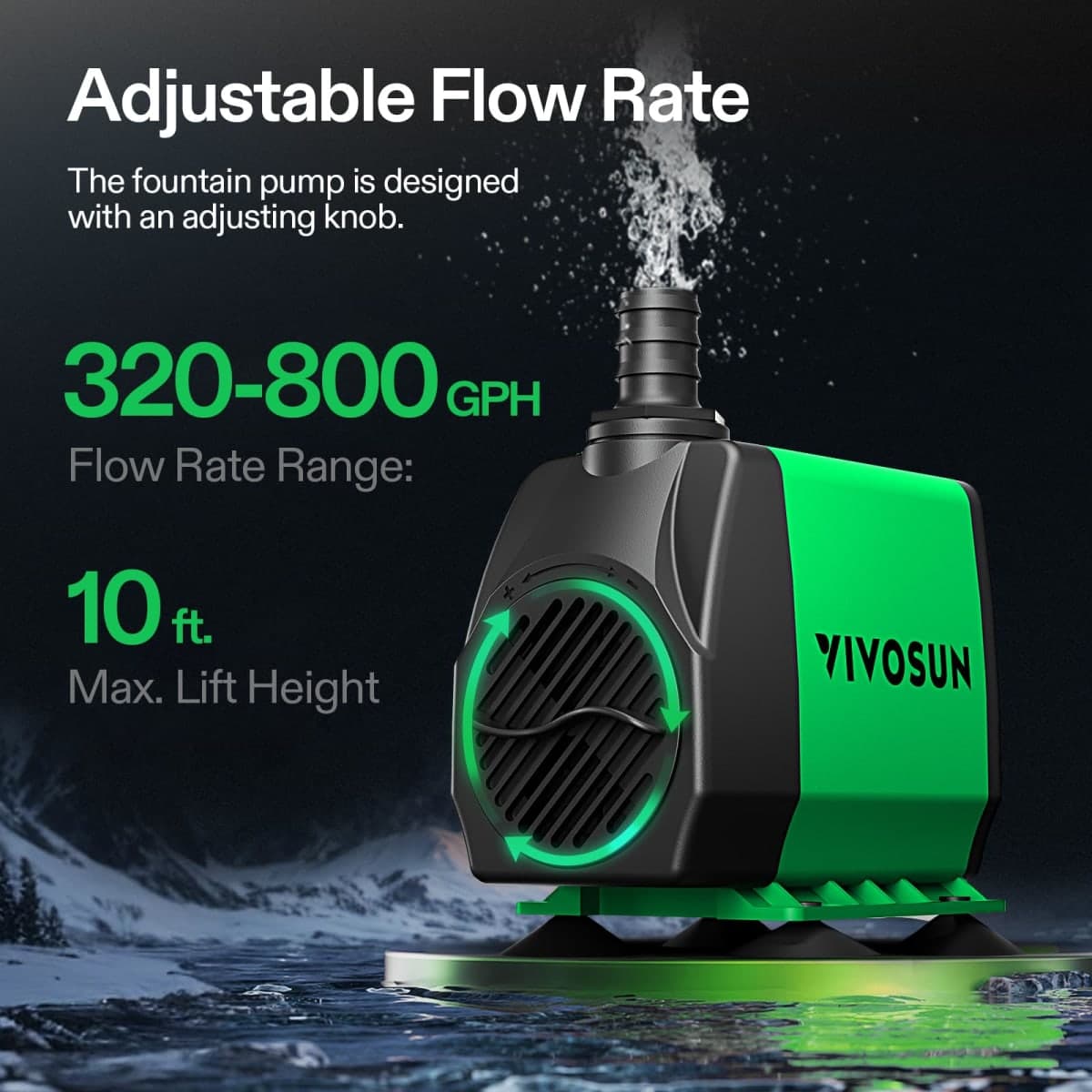 VIVOSUN 800GPH Submersible Pump(3000L/H, 24W), Ultra Quiet Water Pump with 10ft High Lift, Fountain Pump with 5ft Power Cord, 3 Nozzles for Fish Tank, Pond, Aquarium, Statuary, Hydroponics thumbnail 2