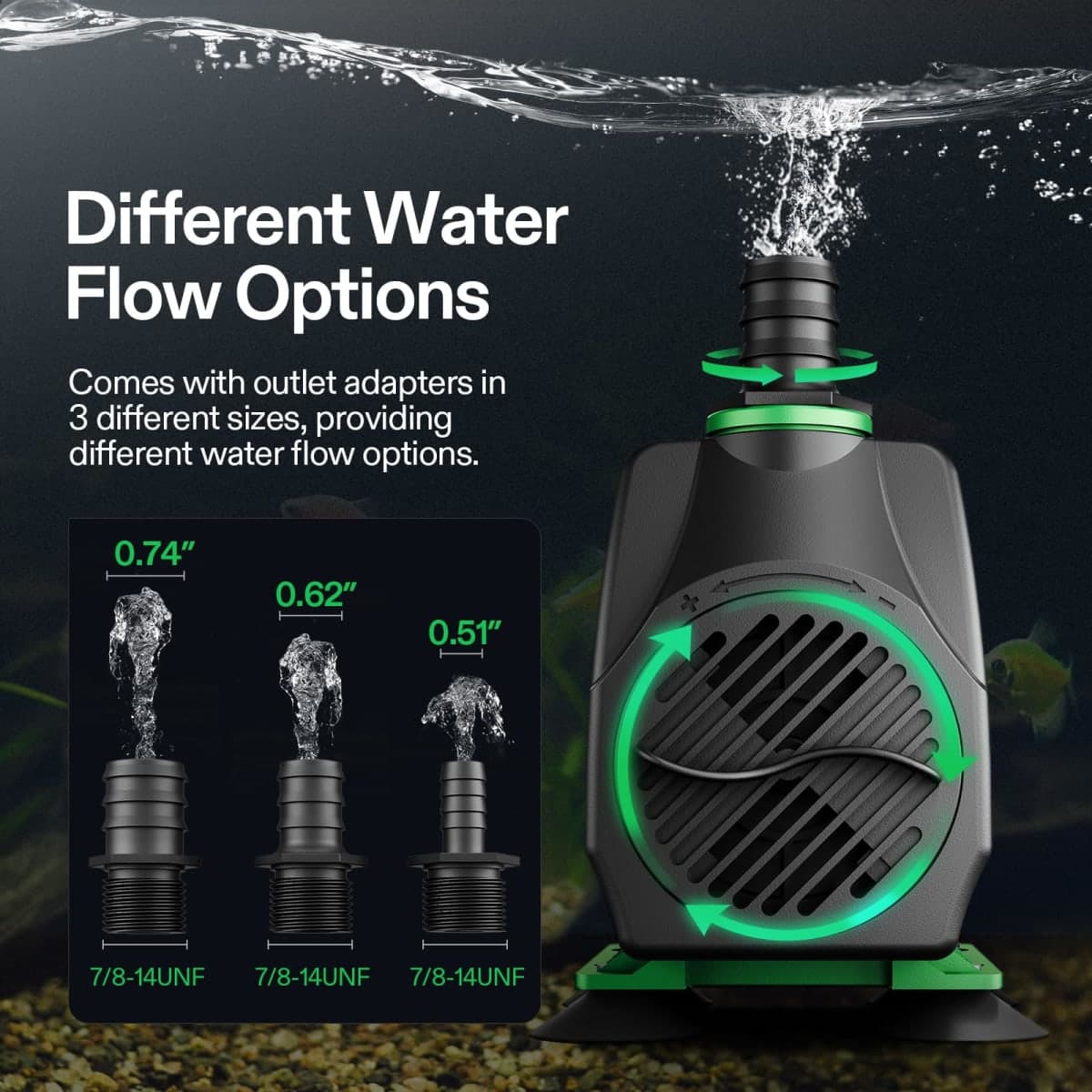VIVOSUN 800GPH Submersible Pump(3000L/H, 24W), Ultra Quiet Water Pump with 10ft High Lift, Fountain Pump with 5ft Power Cord, 3 Nozzles for Fish Tank, Pond, Aquarium, Statuary, Hydroponics thumbnail 3