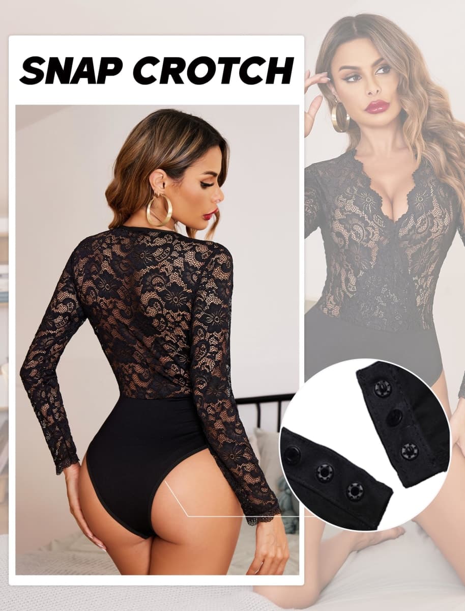 Avidlove Lace Bodysuit for Women Sexy Long Sleeve V Neck Body Suits Going Out Tops Snap Crotch One Piece Teddy Lingerie, Black, Large thumbnail 5
