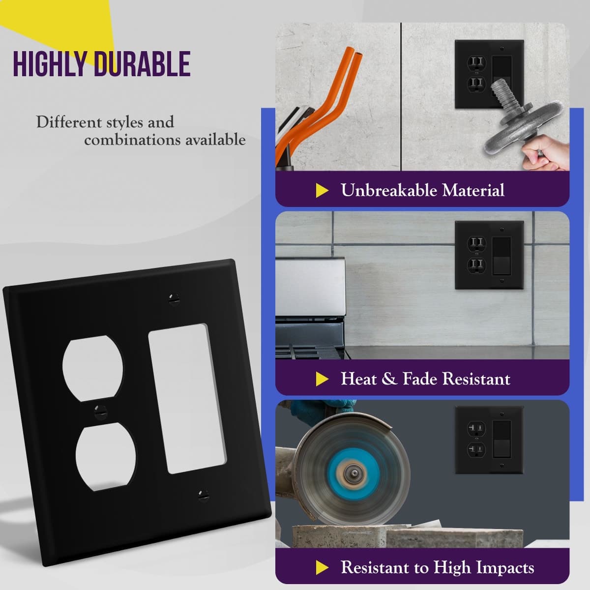 ENERLITES Combination Duplex Receptacle Outlet/Decorator Switch Wall Plate, Mid-Size 2-Gang 4.88" x 4.92", Polycarbonate Thermoplastic, 882131M-BK, Black thumbnail 3