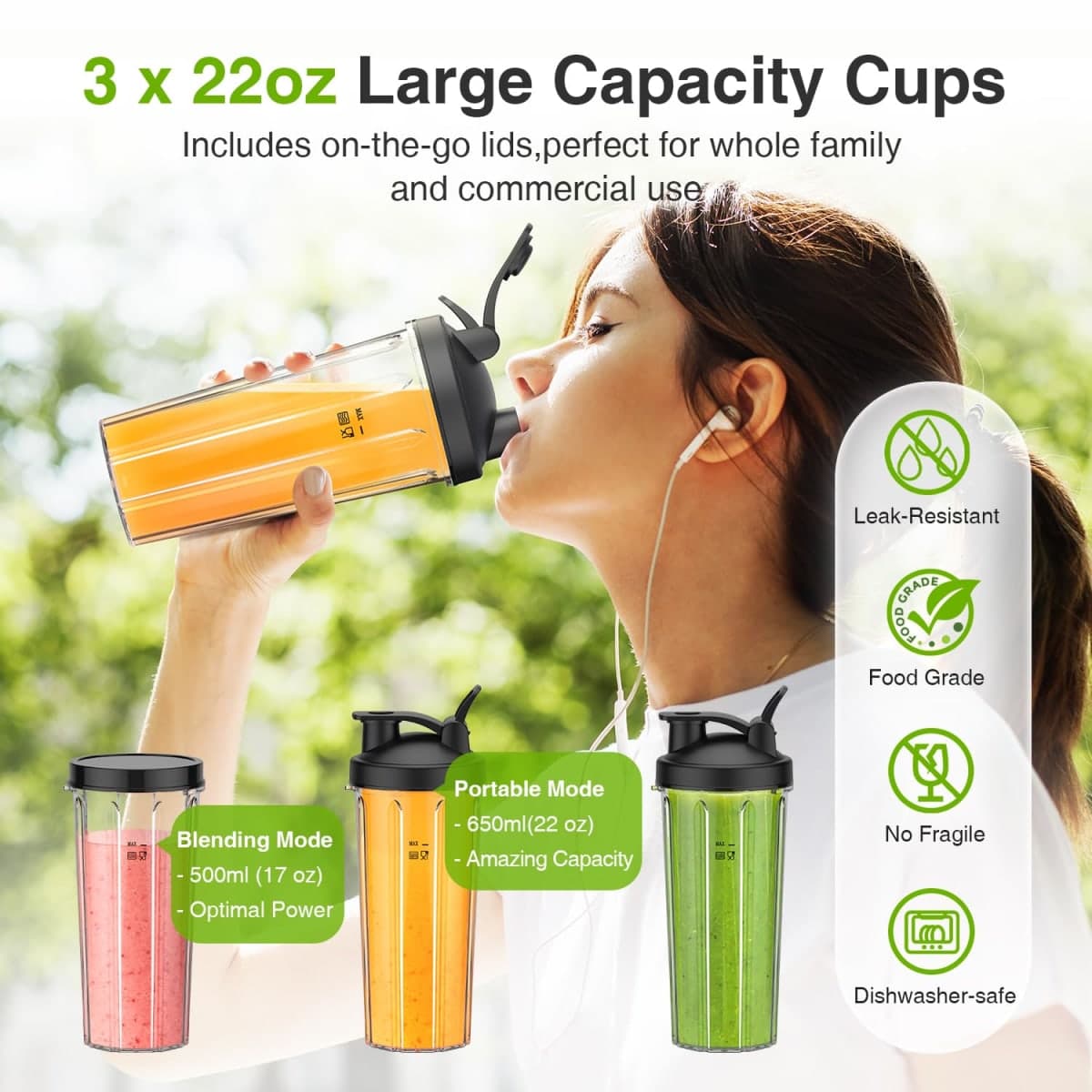 KOIOS Blender for Smoothies,Personal Blender for Shakes and Smoothies with 3 * 22oz To-Go Cups,22000 RPM Smoothie Maker,Detachable 6-leaf Blade Portable Blenders for kitchen,Black thumbnail 2