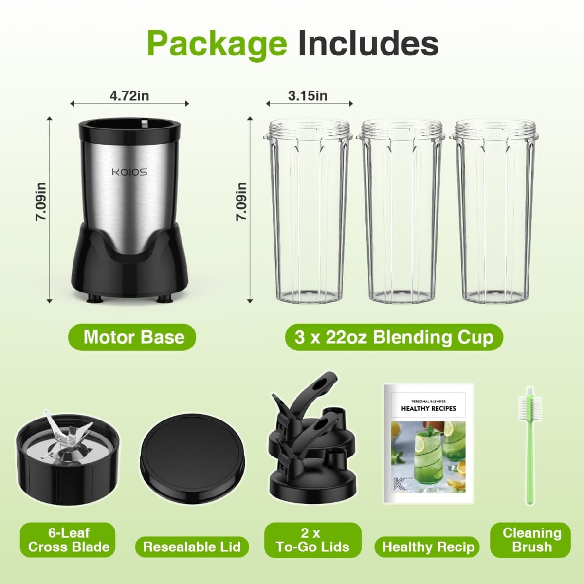 KOIOS Blender for Smoothies,Personal Blender for Shakes and Smoothies with 3 * 22oz To-Go Cups,22000 RPM Smoothie Maker,Detachable 6-leaf Blade Portable Blenders for kitchen,Black thumbnail 4