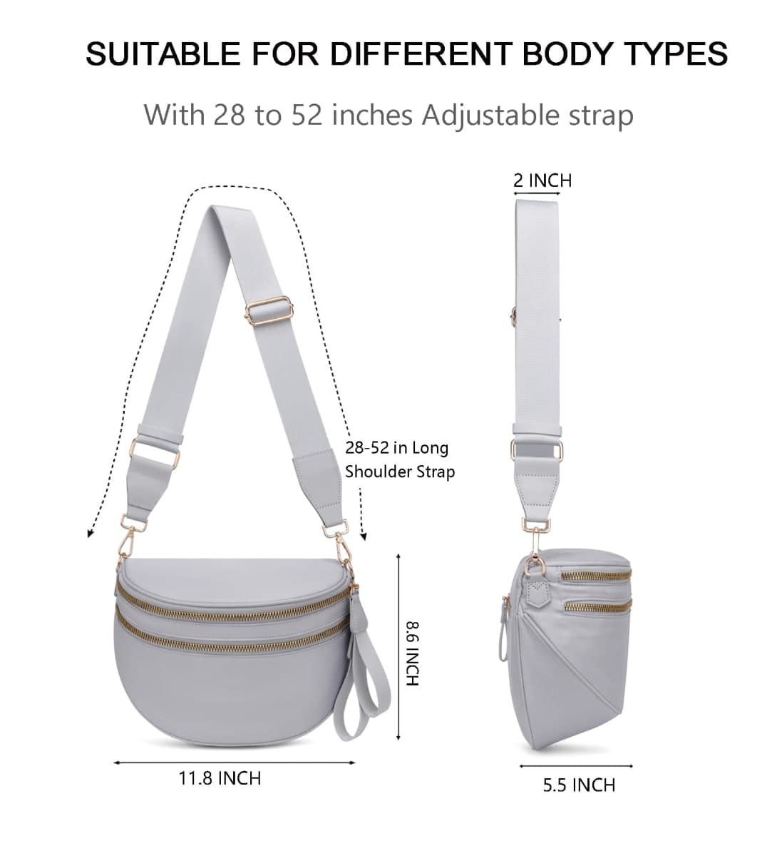 Pure Colour Crossbody Bum Bags for Women Spacious Checkered Cross body Bag Nylon Trendy Fanny Pack for Travel, Light Grey, 11.8" x 5.5" x 8.6", Classic Solid Color Crossbody Bag thumbnail 3