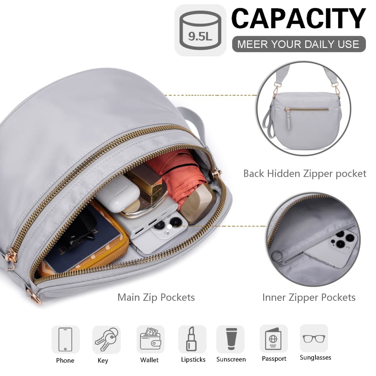 Pure Colour Crossbody Bum Bags for Women Spacious Checkered Cross body Bag Nylon Trendy Fanny Pack for Travel, Light Grey, 11.8" x 5.5" x 8.6", Classic Solid Color Crossbody Bag thumbnail 4