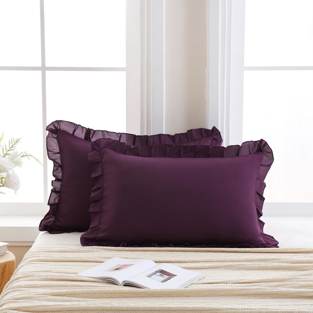 Merryword Dark Purple Pillowcases King Size Ruffled Pillow Shams Set of 2 Cute Pillowcases Purple Shabby Chic Pillow Cover 2 Pack thumbnail 2