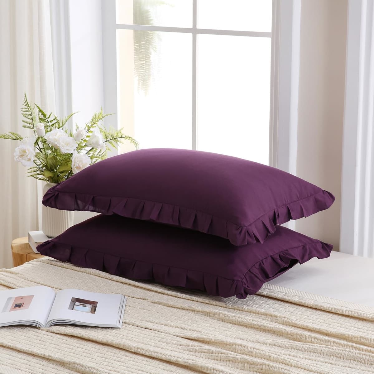 Merryword Dark Purple Pillowcases King Size Ruffled Pillow Shams Set of 2 Cute Pillowcases Purple Shabby Chic Pillow Cover 2 Pack thumbnail 3