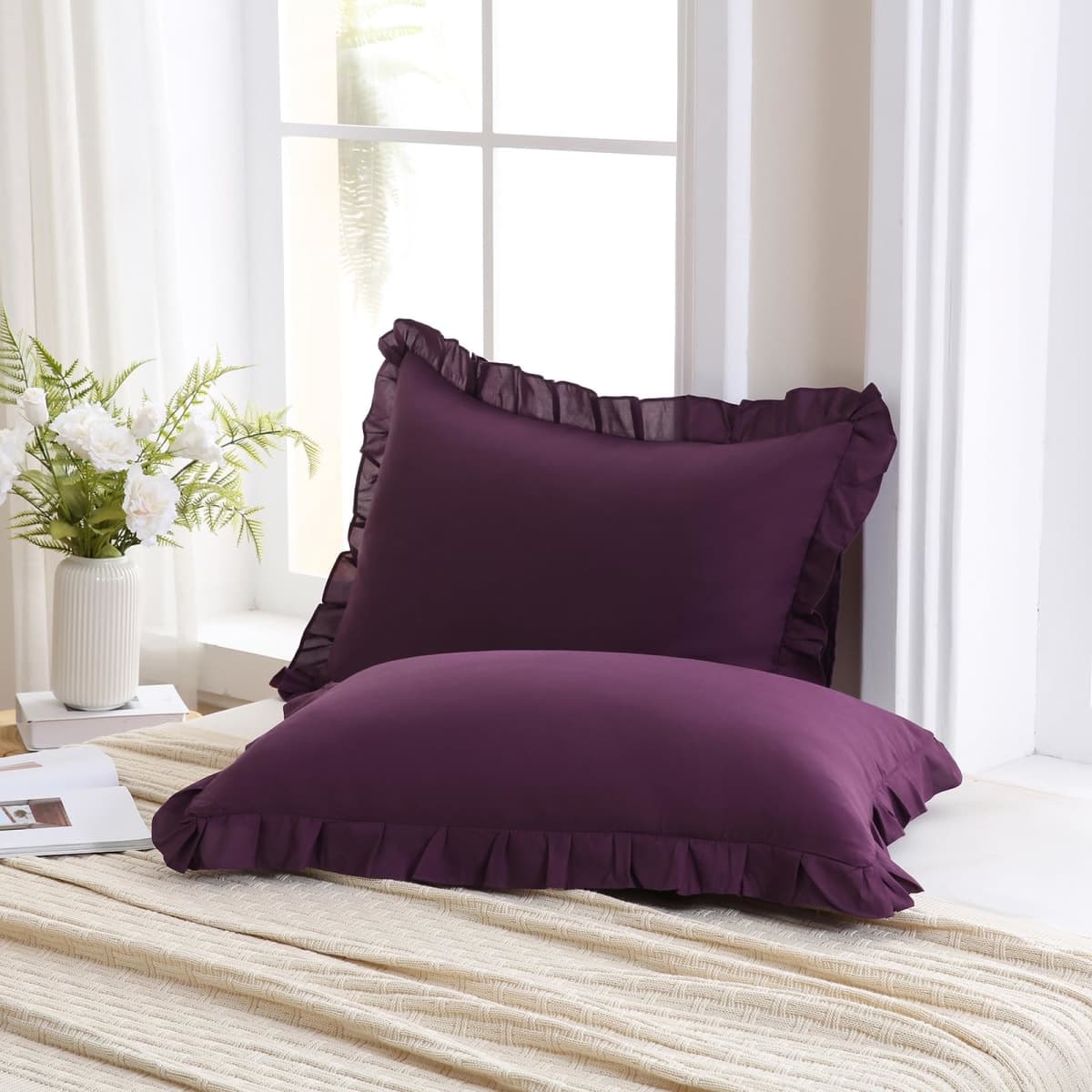 Merryword Dark Purple Pillowcases King Size Ruffled Pillow Shams Set of 2 Cute Pillowcases Purple Shabby Chic Pillow Cover 2 Pack thumbnail 4