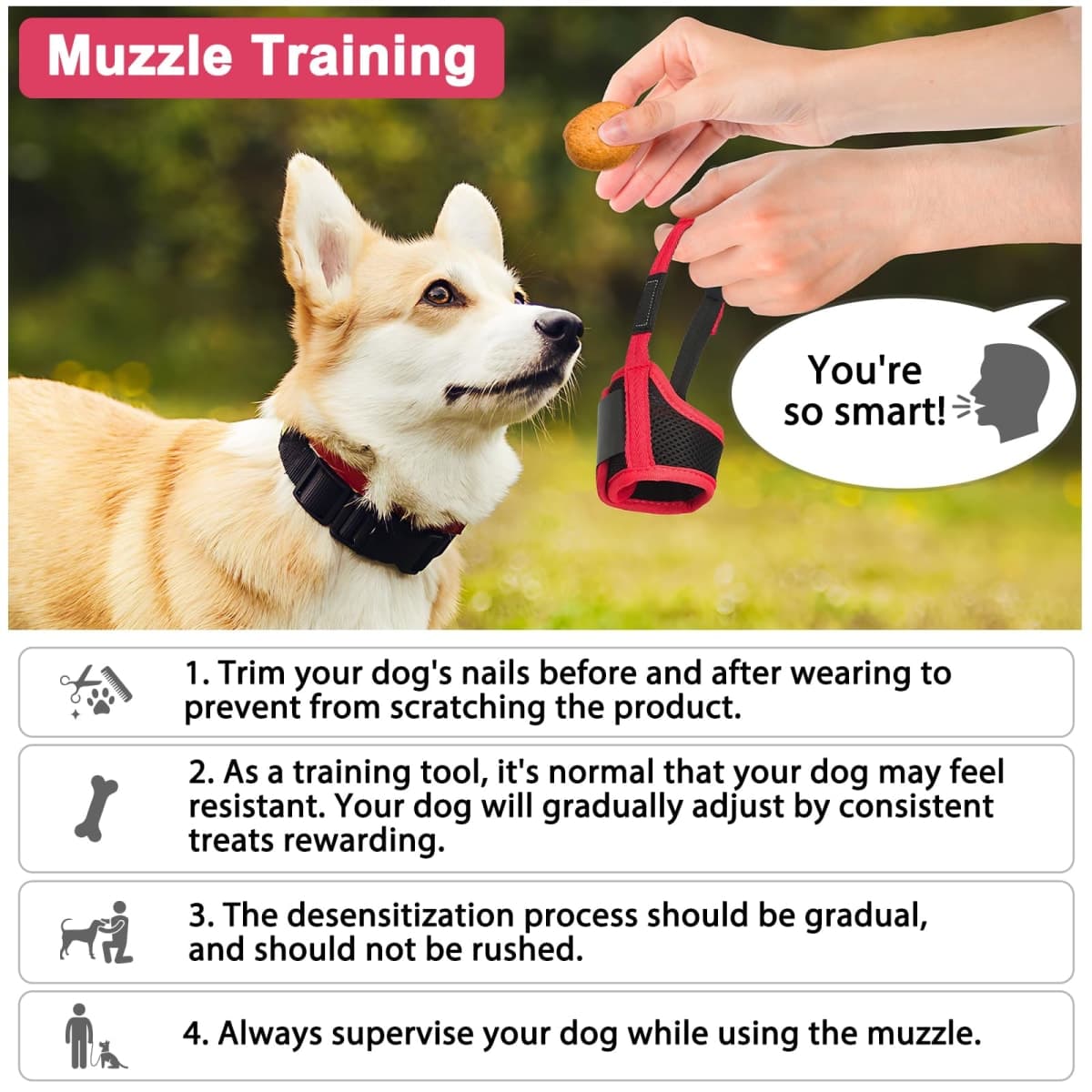 LUCKYPAW Dog Muzzle Anti Biting Barking and Chewing with Comfortable Mesh Soft Fabric and Adjustable Strap, Suitable for Small, Medium and Large Dogs(Red Trim,S) thumbnail 4