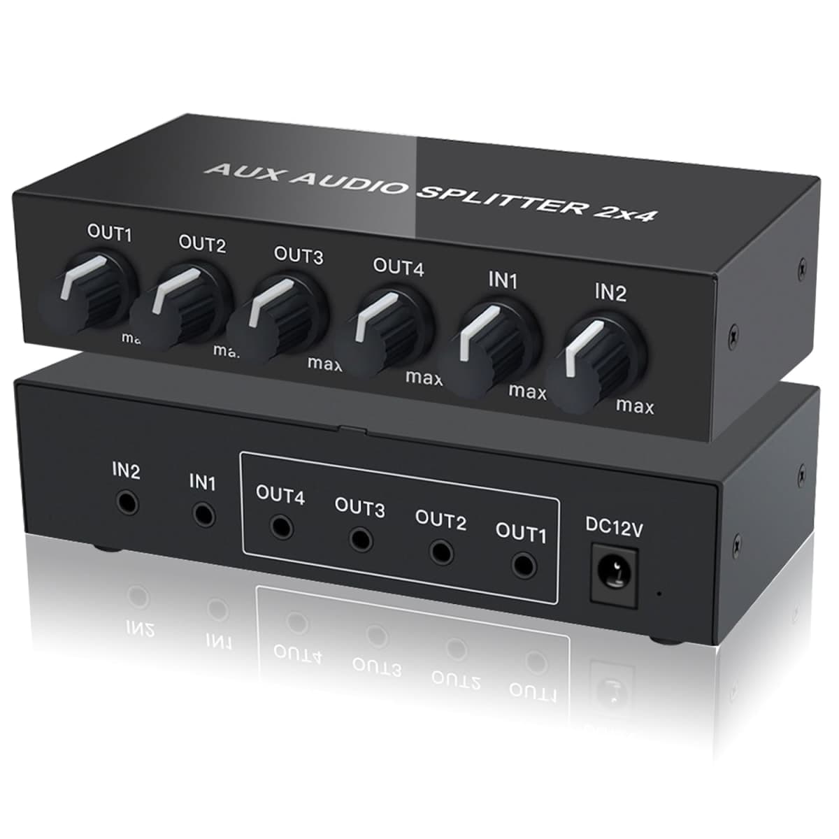 FlyroadUp 2 in 4 out 3.5mm Aux Audio Splitter Stereo Line Level Distributor Mixer with Independent Volume Control — image 1