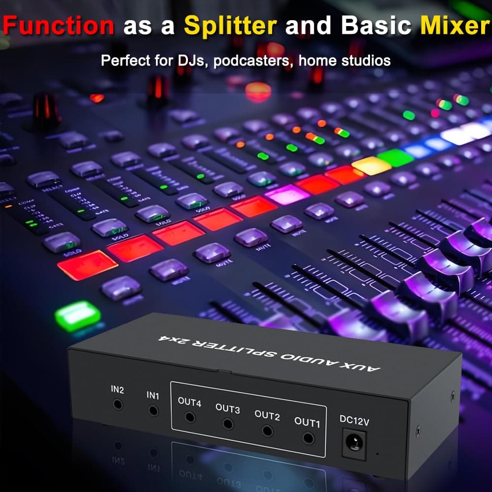 FlyroadUp 2 in 4 out 3.5mm Aux Audio Splitter Stereo Line Level Distributor Mixer with Independent Volume Control thumbnail 3