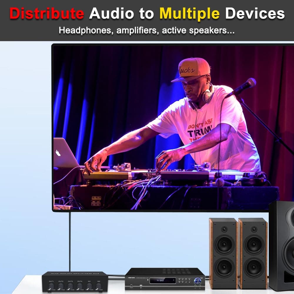 FlyroadUp 2 in 4 out 3.5mm Aux Audio Splitter Stereo Line Level Distributor Mixer with Independent Volume Control thumbnail 4