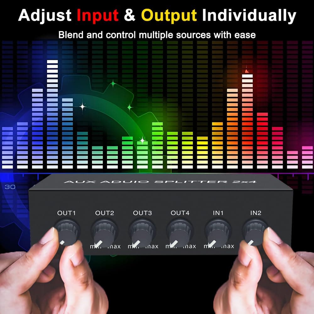 FlyroadUp 2 in 4 out 3.5mm Aux Audio Splitter Stereo Line Level Distributor Mixer with Independent Volume Control thumbnail 5