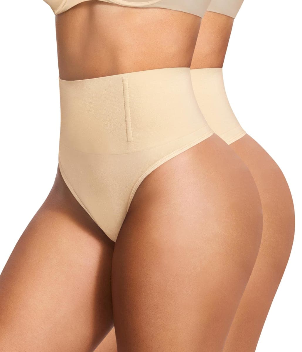 Eleady Thong Shapewear Tummy Control - 2 Piece Mid-Waist Compression Underwear Women Seamless Butt Lifting Panties, Beige+beige, Large — image 1
