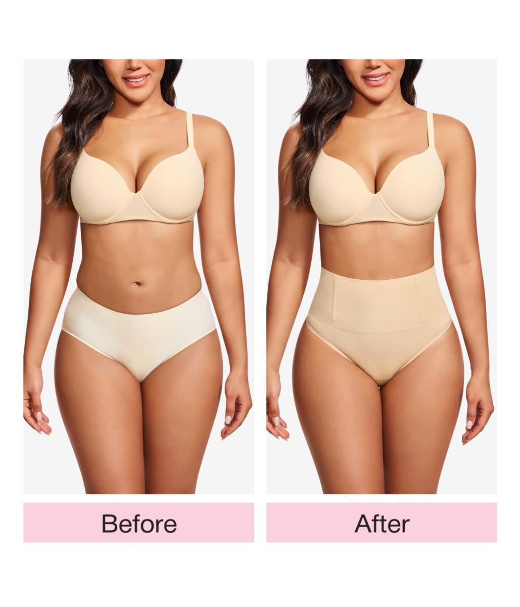 Eleady Thong Shapewear Tummy Control - 2 Piece Mid-Waist Compression Underwear Women Seamless Butt Lifting Panties, Beige+beige, Large thumbnail 2