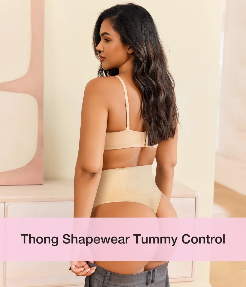 Eleady Thong Shapewear Tummy Control - 2 Piece Mid-Waist Compression Underwear Women Seamless Butt Lifting Panties, Beige+beige, Large thumbnail 3