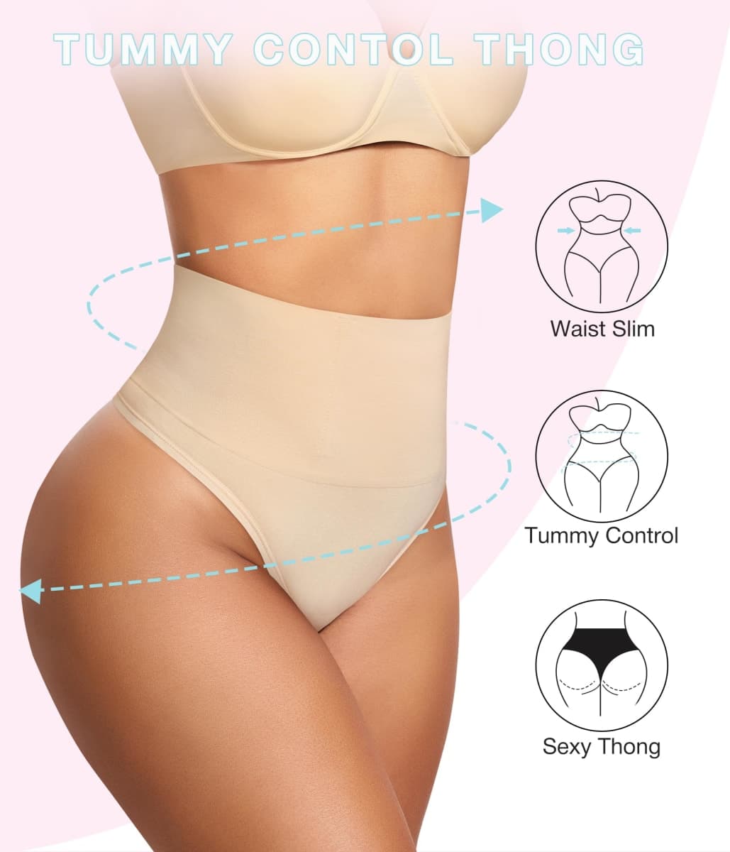 Eleady Thong Shapewear Tummy Control - 2 Piece Mid-Waist Compression Underwear Women Seamless Butt Lifting Panties, Beige+beige, Large thumbnail 4