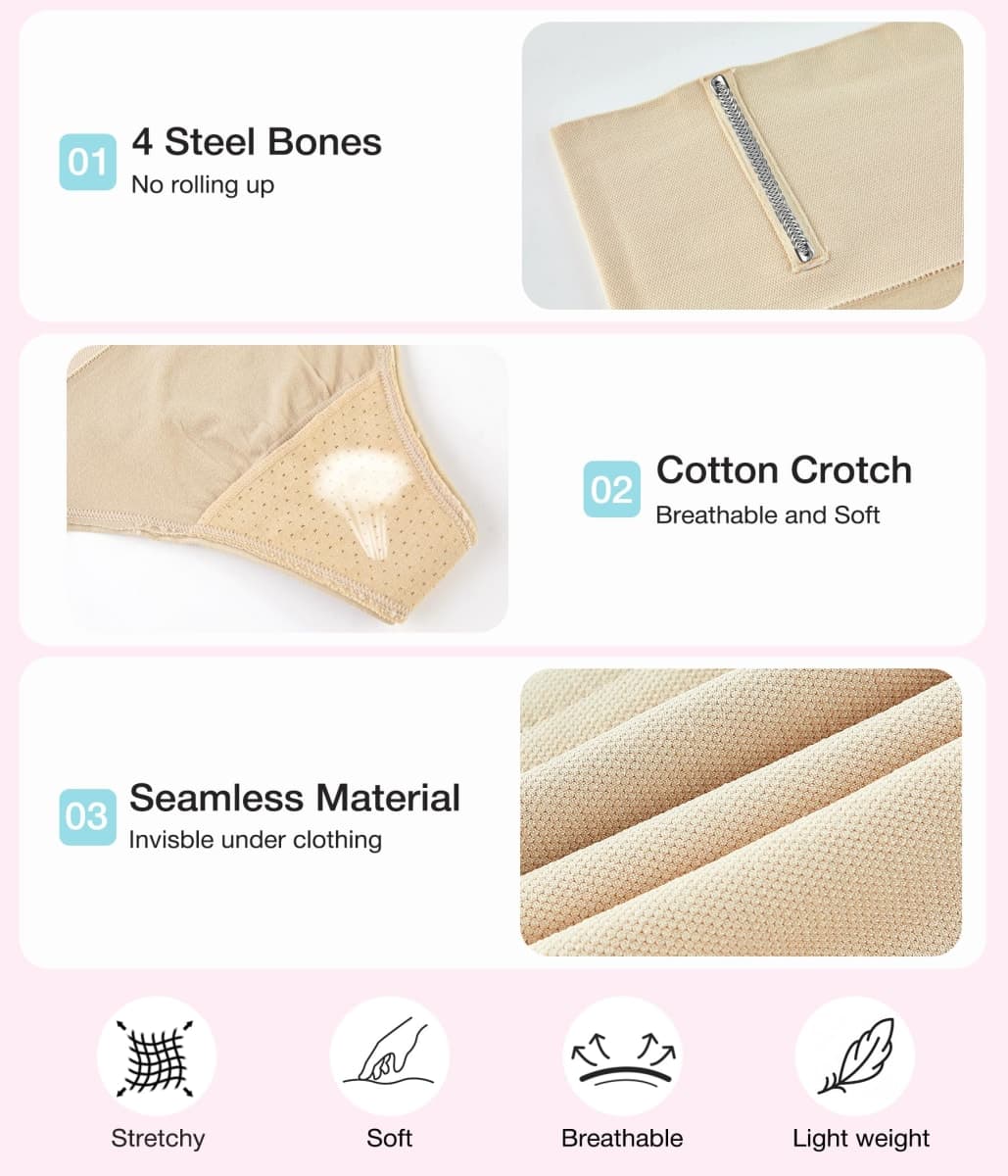 Eleady Thong Shapewear Tummy Control - 2 Piece Mid-Waist Compression Underwear Women Seamless Butt Lifting Panties, Beige+beige, Large thumbnail 5