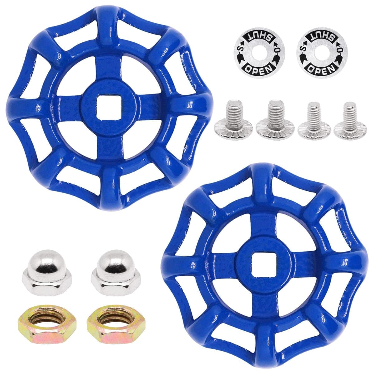 ZHMEINA 2 Pack Outdoor Faucet Handle Replacement, 7mm x 7mm Square Stem Hole Water Spigot Handle Replacement, Cast Iron Round Wheel Outside Faucet Handles with Screws Spacer (Blue) — image 1