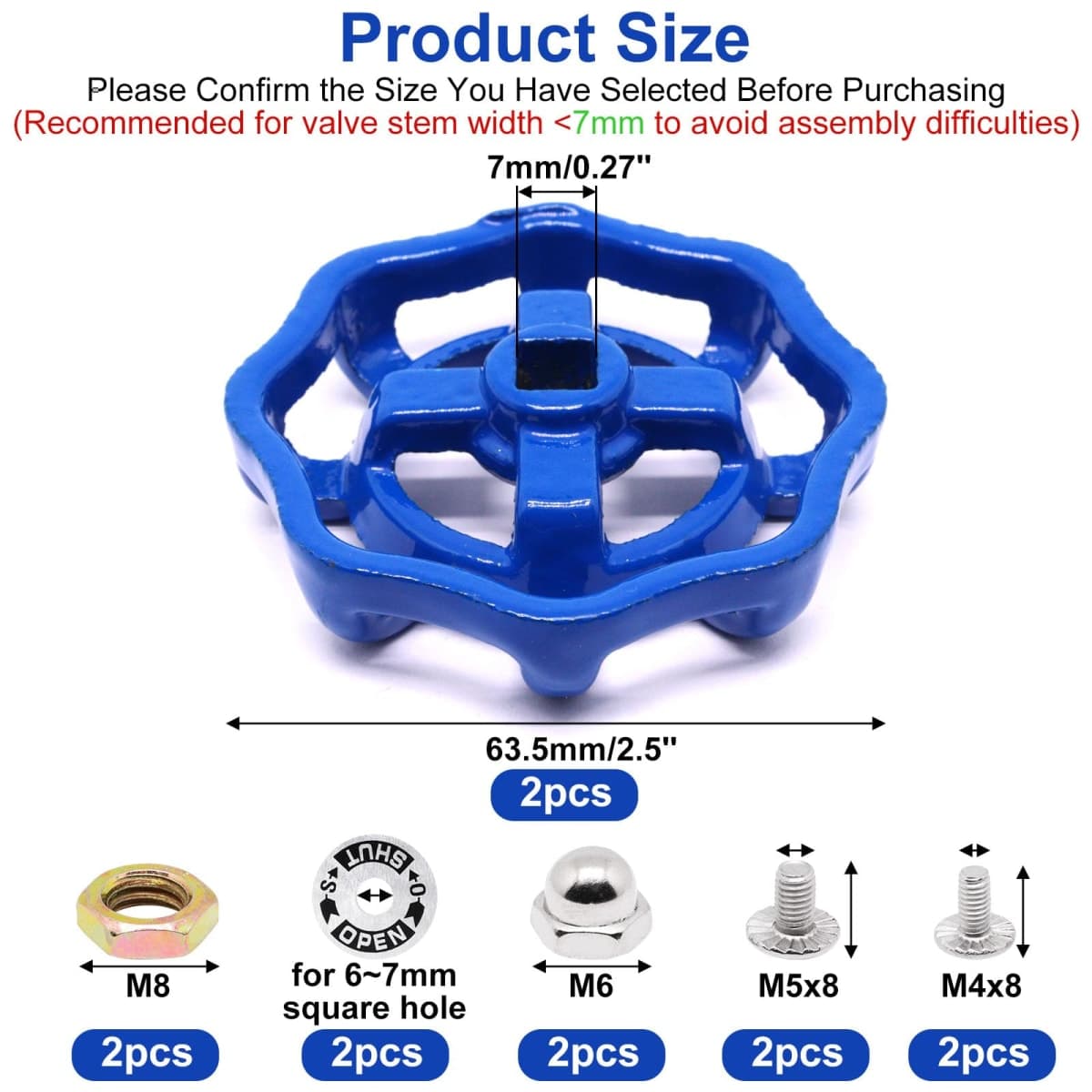 ZHMEINA 2 Pack Outdoor Faucet Handle Replacement, 7mm x 7mm Square Stem Hole Water Spigot Handle Replacement, Cast Iron Round Wheel Outside Faucet Handles with Screws Spacer (Blue) thumbnail 2