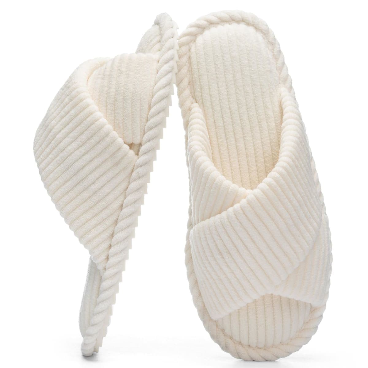 GOEWY House Slippers for Women Open Toe Fuzzy Women's Slippers Indoor Outdoor Cross Band with Corduroy Memory Foam Warm Gifts for Women Anti-Skid Size Beige 9 10 — image 1