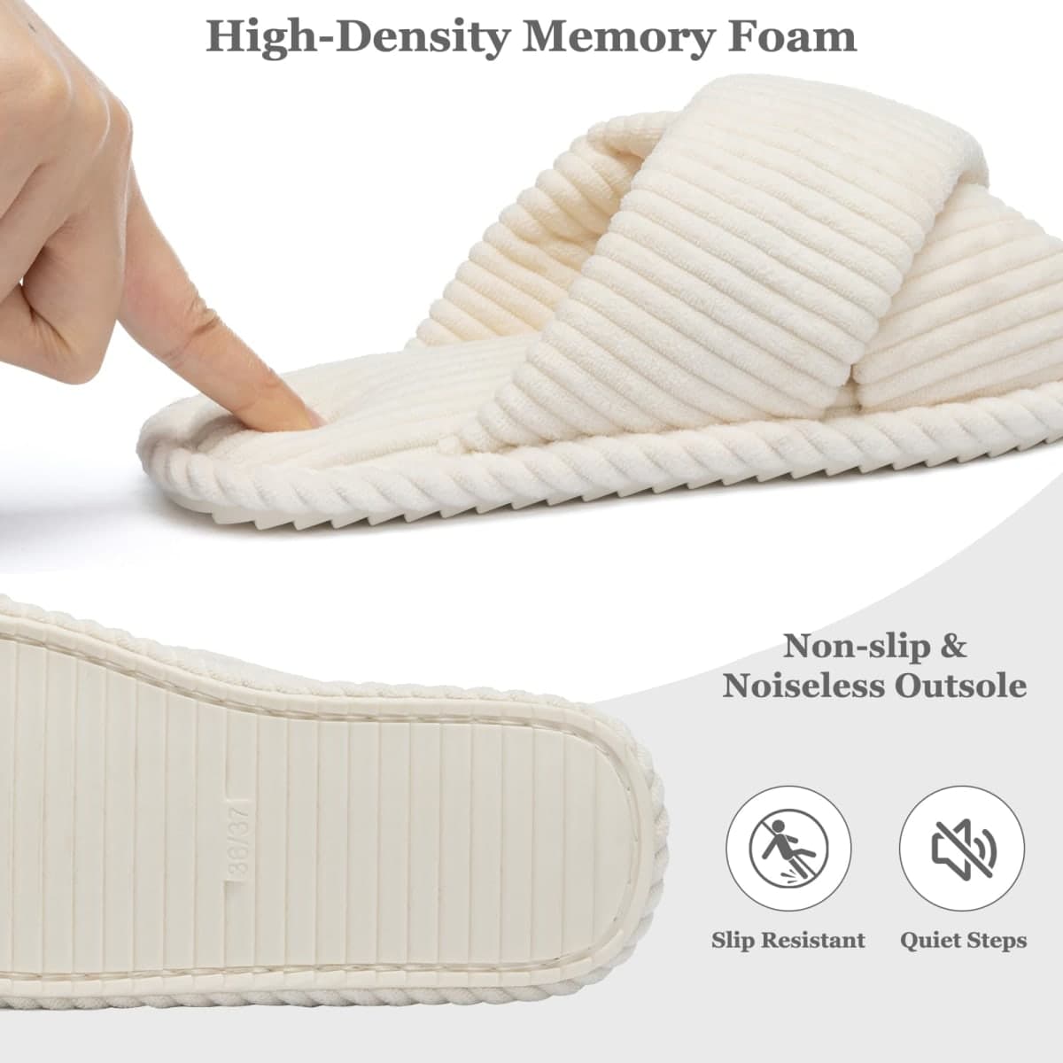 GOEWY House Slippers for Women Open Toe Fuzzy Women's Slippers Indoor Outdoor Cross Band with Corduroy Memory Foam Warm Gifts for Women Anti-Skid Size Beige 9 10 thumbnail 5