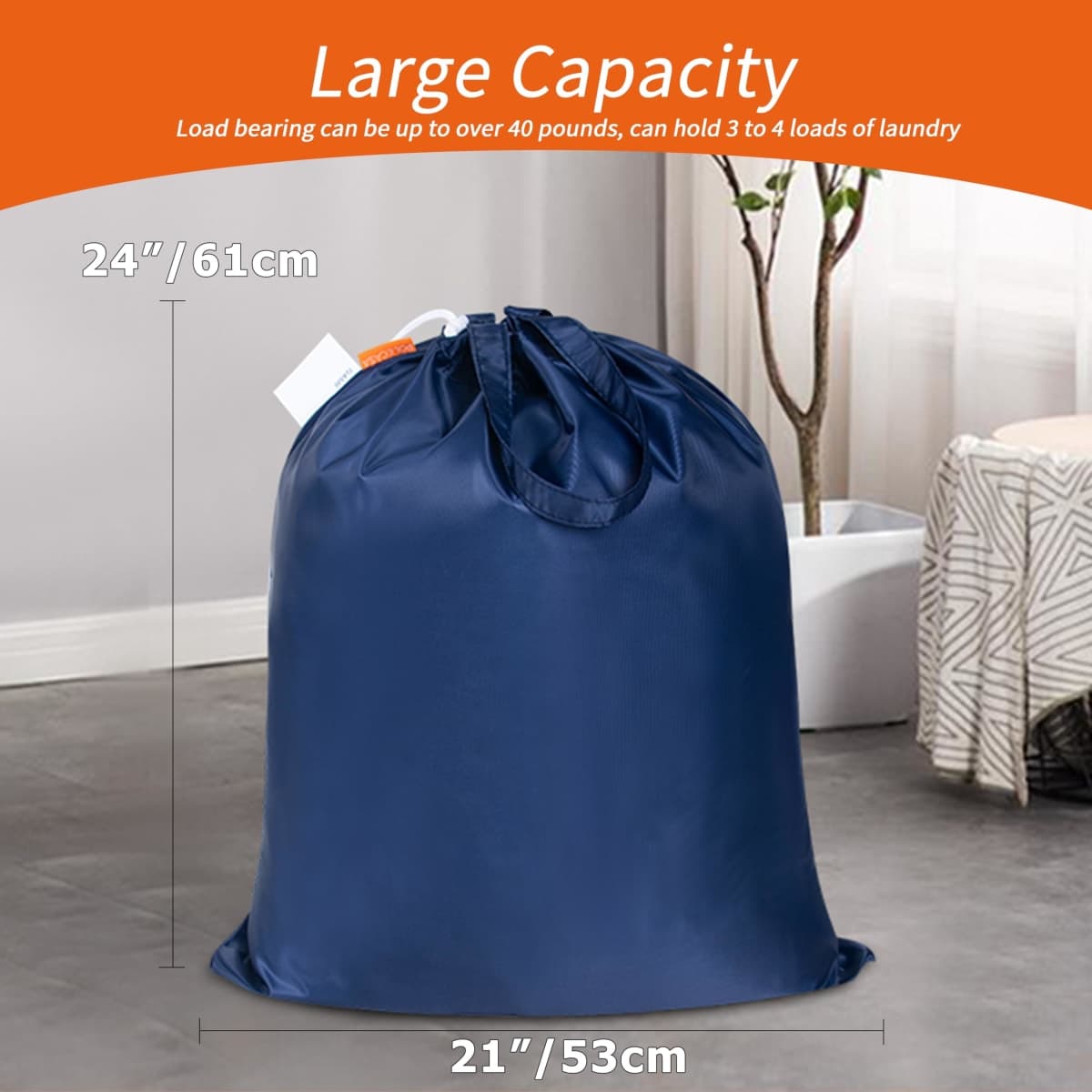 Polecasa Small Heavy Duty Laundry Bag with drawstring closure and Reinforced Handles, Easy to Carry Dirty Clothes Drawstring Bag for Travel, Camp 21”x24”, Navy Blue thumbnail 3