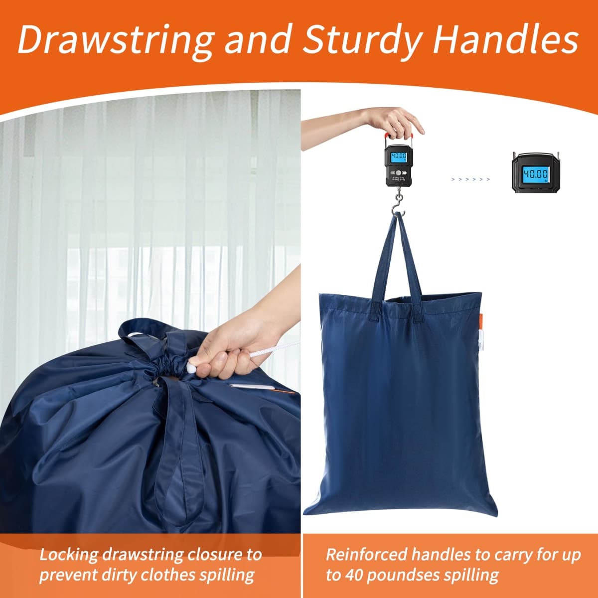Polecasa Small Heavy Duty Laundry Bag with drawstring closure and Reinforced Handles, Easy to Carry Dirty Clothes Drawstring Bag for Travel, Camp 21”x24”, Navy Blue thumbnail 5