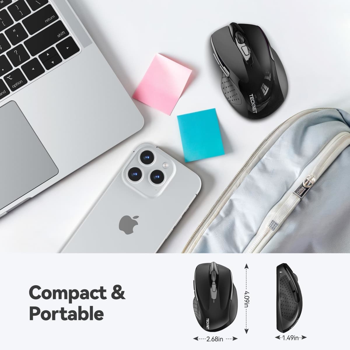 TECKNET Bluetooth Wireless Mouse(BT5.2/3.0 & 2.4G), Silent Click Computer Mouse, 5-Level Adjustable DPI, Ergonomic Portable Computer Mouse for Laptop, PC, Mac, Chromebook – Dark Black thumbnail 3