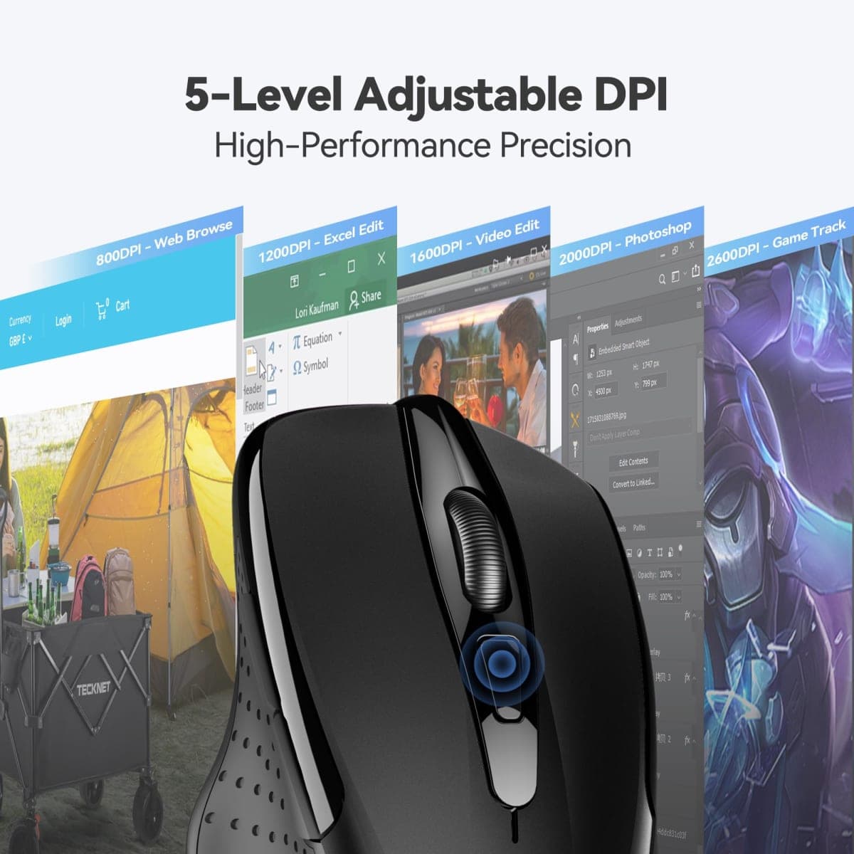 TECKNET Bluetooth Wireless Mouse(BT5.2/3.0 & 2.4G), Silent Click Computer Mouse, 5-Level Adjustable DPI, Ergonomic Portable Computer Mouse for Laptop, PC, Mac, Chromebook – Dark Black thumbnail 5