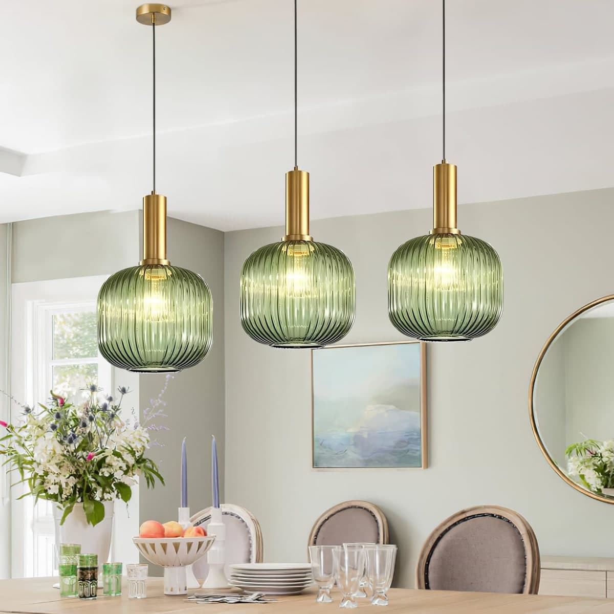 Battery Operated Pendant Light,Glass Battery Ceiling Light Fixtures with Wireless Remote Dimmable,10 Colors Modes Rechargeable Chandelier for Kitchen,Dining Room,Living Room,Bedroom(Green) thumbnail 5