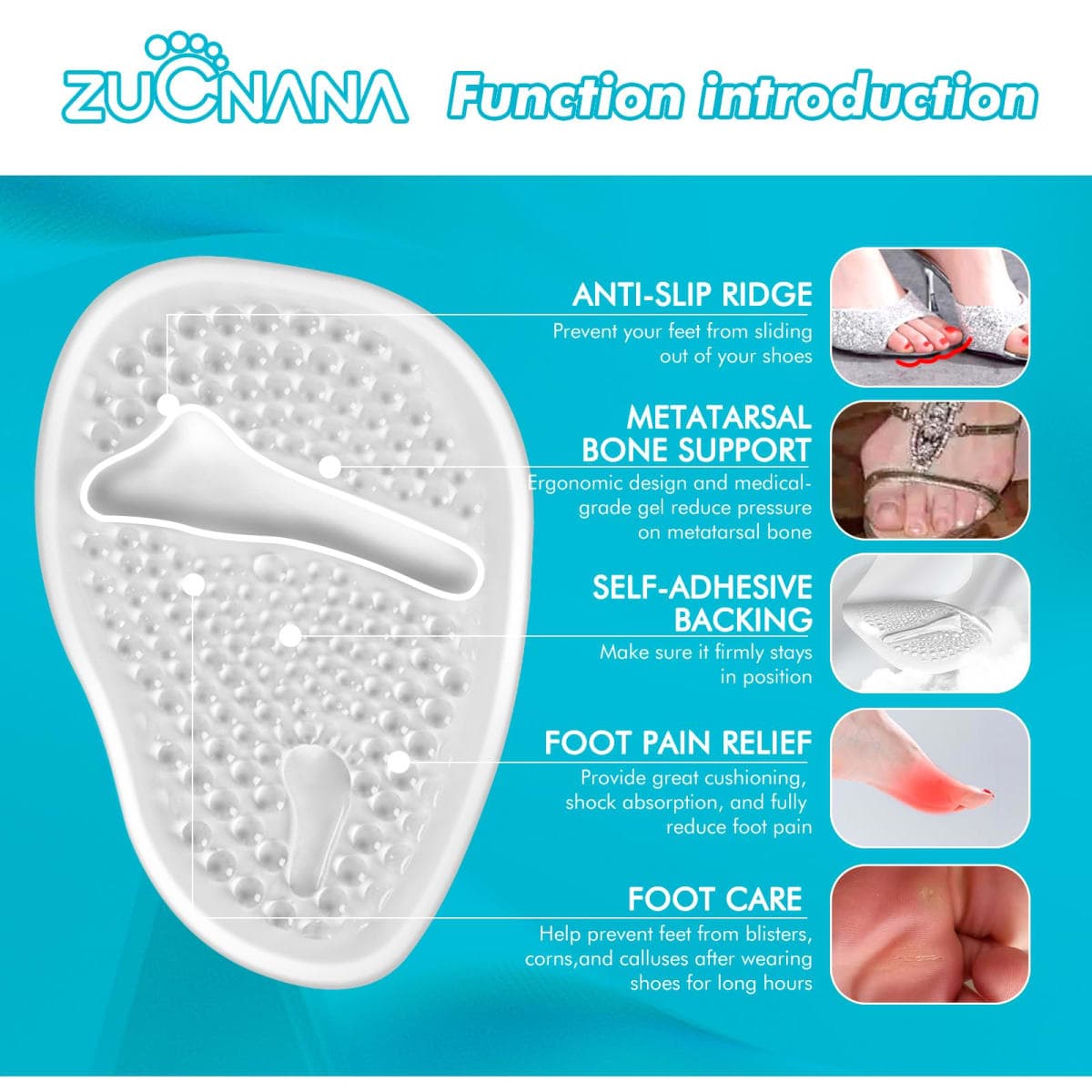 ZUCNANA Ball of Foot Cushions (2 Pairs Gel Shoe Inserts), Heel Inserts for Women, Non Slip Heel Pads, Heel Cushions for Women Foot Pain Relief and Comfort, One Size Fits Any (Clear) thumbnail 2