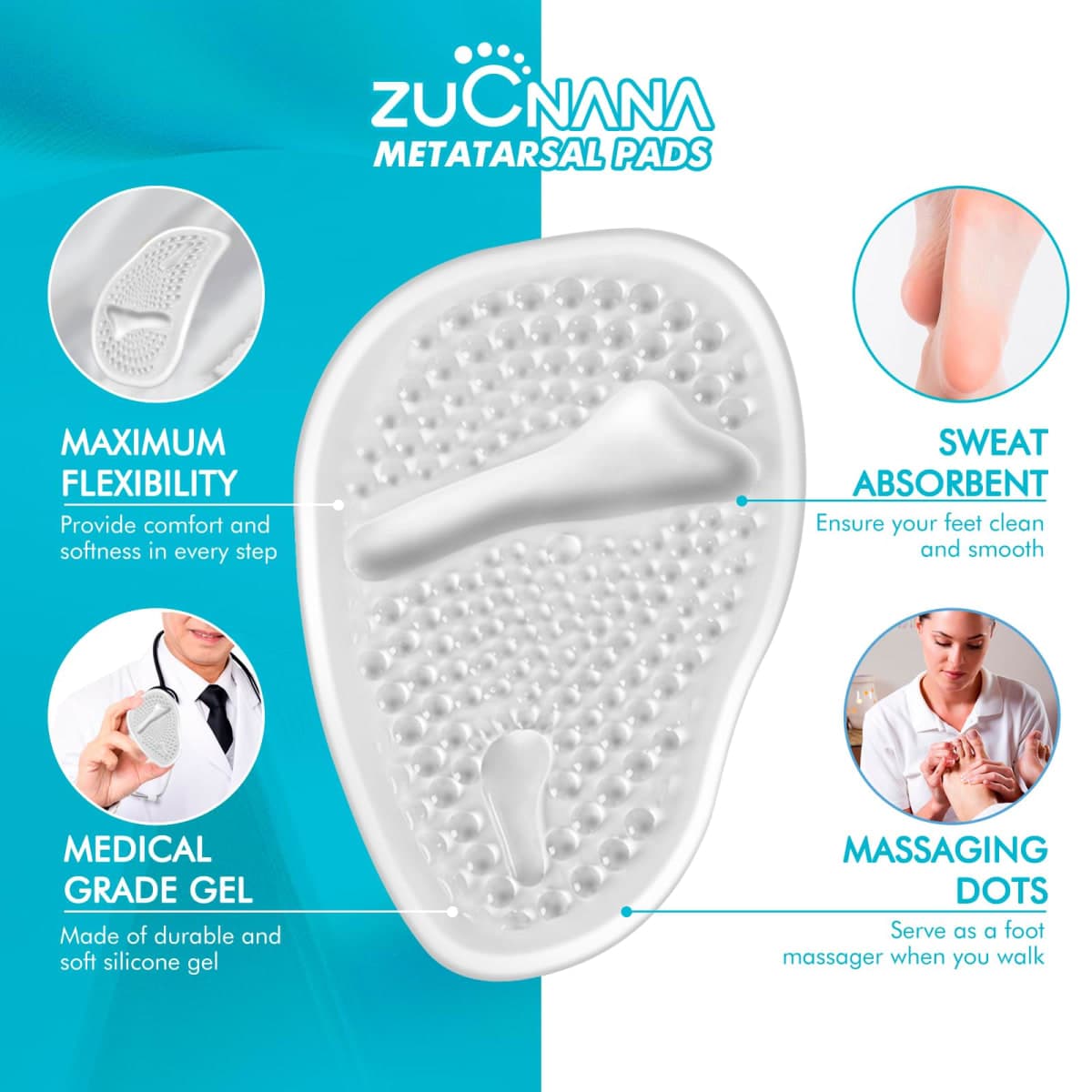 ZUCNANA Ball of Foot Cushions (2 Pairs Gel Shoe Inserts), Heel Inserts for Women, Non Slip Heel Pads, Heel Cushions for Women Foot Pain Relief and Comfort, One Size Fits Any (Clear) thumbnail 3