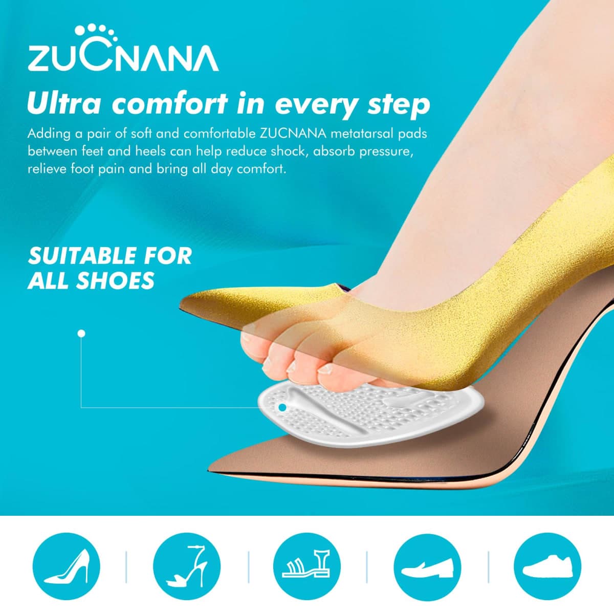 ZUCNANA Ball of Foot Cushions (2 Pairs Gel Shoe Inserts), Heel Inserts for Women, Non Slip Heel Pads, Heel Cushions for Women Foot Pain Relief and Comfort, One Size Fits Any (Clear) thumbnail 5