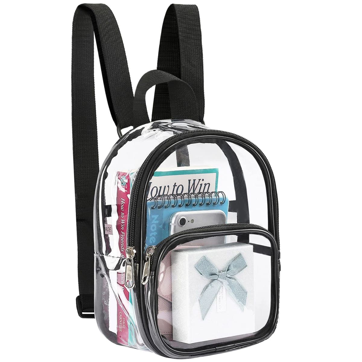 Mossio Clear Mini Backpack Stadium Approved, With Reinforced Straps & Front Pocket - Perfect for School, Security & Sporting, Black, Large, Traveling