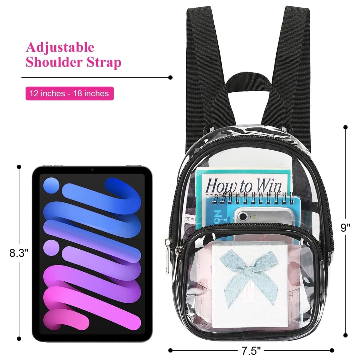 Mossio Clear Mini Backpack Stadium Approved, With Reinforced Straps & Front Pocket - Perfect for School, Security & Sporting, Black, Large, Traveling thumbnail 2