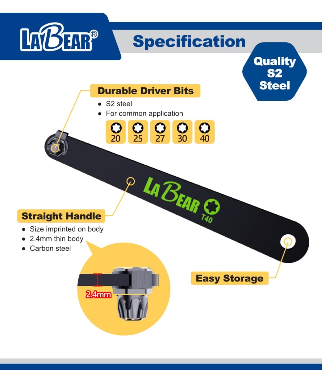 LABEAR- Low Profile torx Set, Low Profile torx, TORX 5-Piece Ultra Low Profile Offset Screwdriver Set, Star, 90 Degree Straight Slim Plate for Tight Area, T20, T25, T27, T30 & T40, EDC Screwdriver thumbnail 3