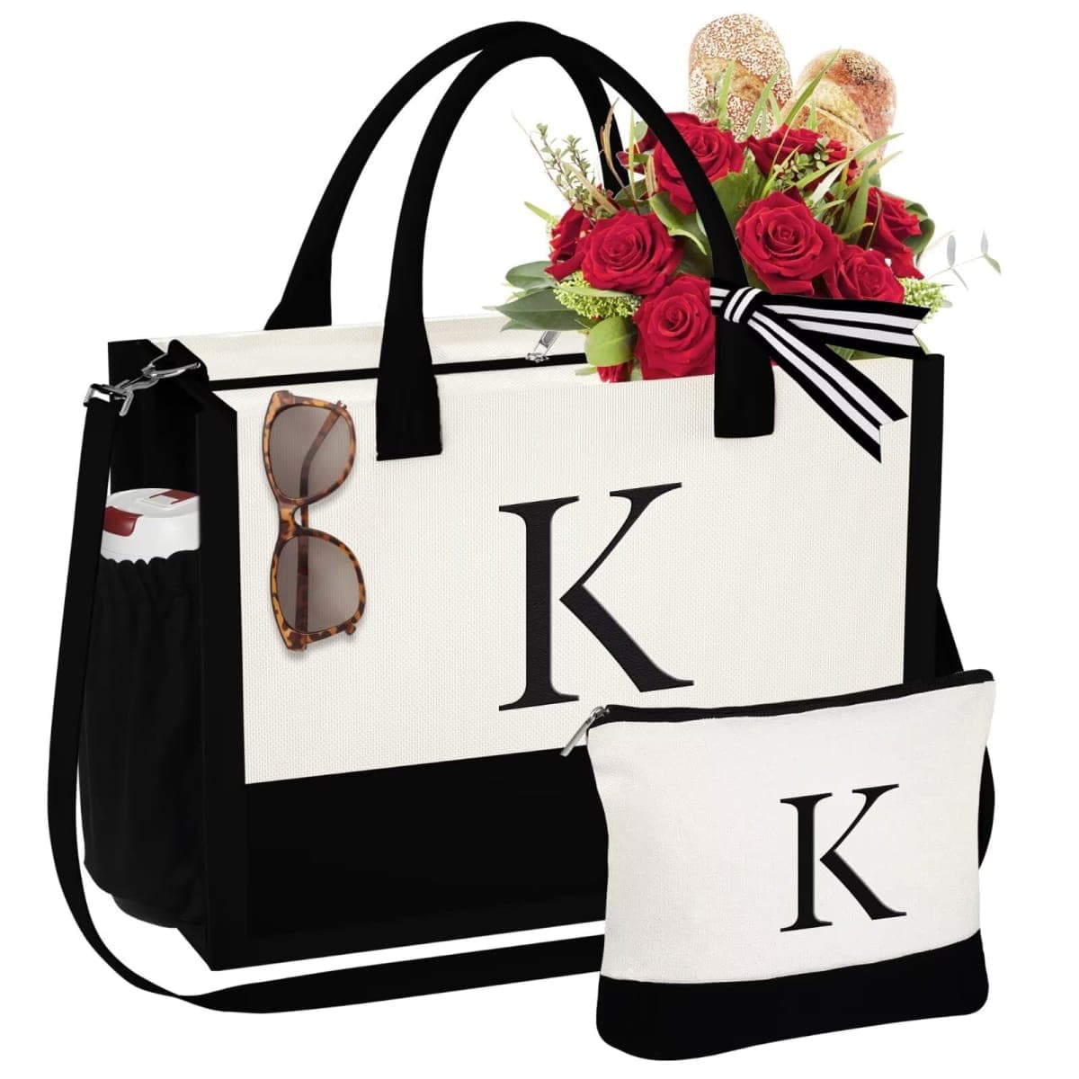 YOOLIFE Christmas Gifts for Women - Initial Tote Bag & Makeup Bag, Womens Christmas Stocking Stuffers Mom Wife Teacher Friend, White, Large, K