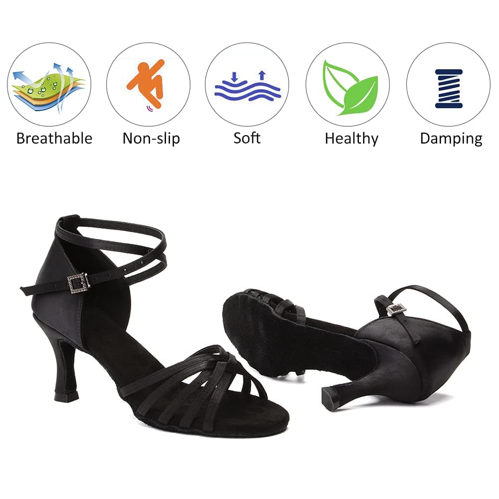 DKZSYIM Women's Satin Latin Dance Shoes Professional Ballroom Salsa Practice Performance Dancing Shoes,213-Black-7,US 8 thumbnail 4