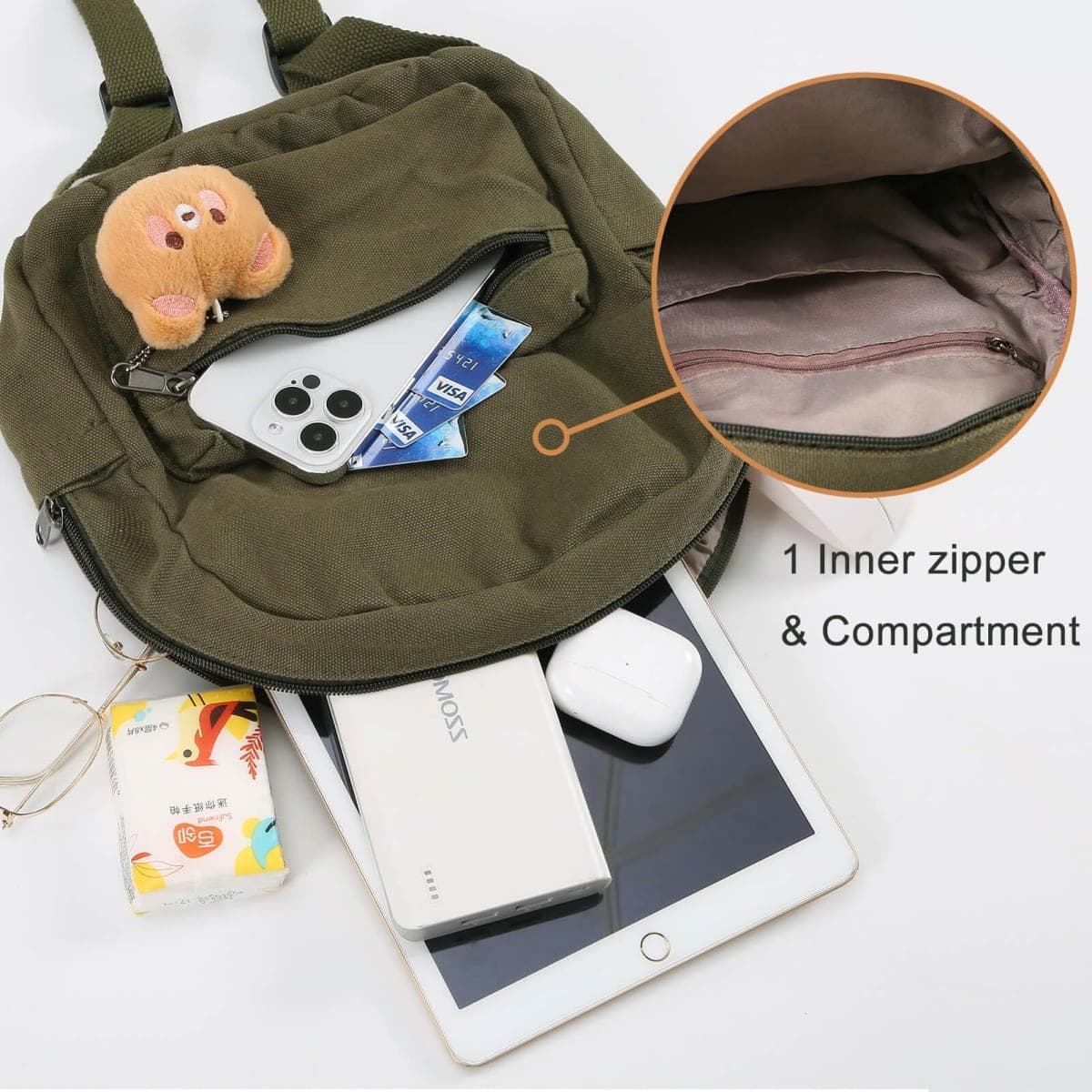 Phaoullzon Teen Girls Mini Backpack Purse Kids Canvas Small Tiny Cute Bag, Olive Green, Mini, Mini thumbnail 4