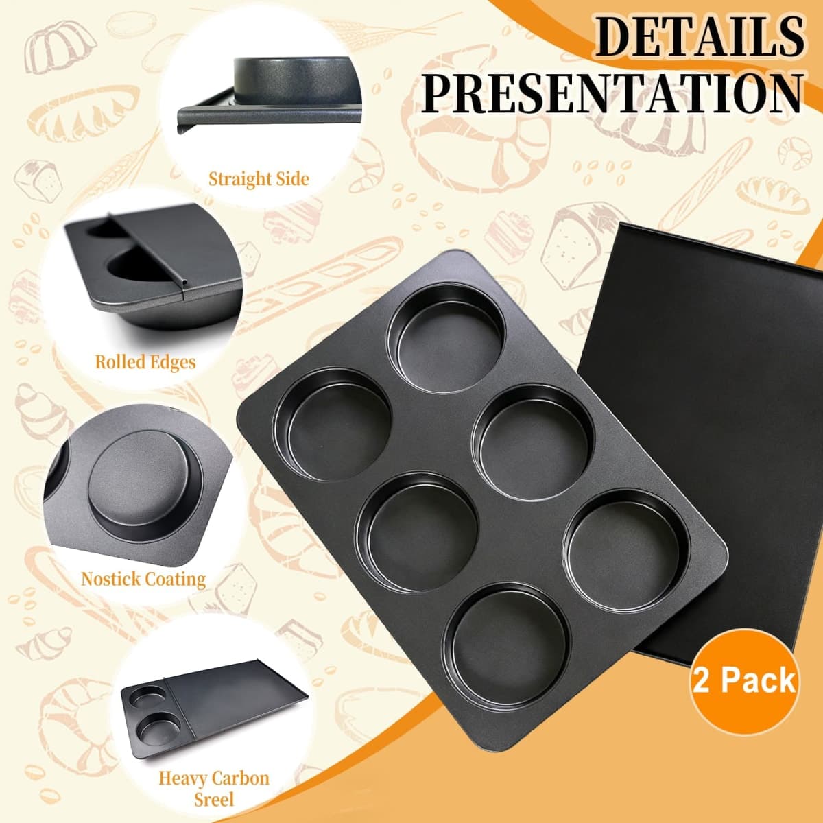 Elesinsoz 2 Pcs Muffin Top Pan with Lid, 3.6 Inch Non-Stick 6 Cup Straight Muffin Pan Cupcake Pan, Hamburger Bun Pan for Baking Egg Sandwich Frittata Cinnamon Roll thumbnail 3