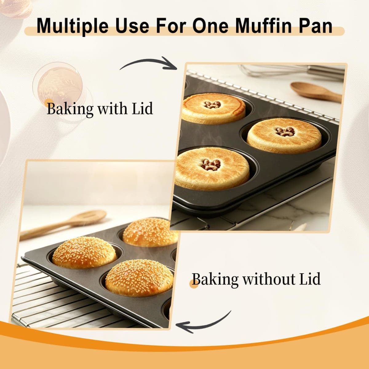 Elesinsoz 2 Pcs Muffin Top Pan with Lid, 3.6 Inch Non-Stick 6 Cup Straight Muffin Pan Cupcake Pan, Hamburger Bun Pan for Baking Egg Sandwich Frittata Cinnamon Roll thumbnail 4