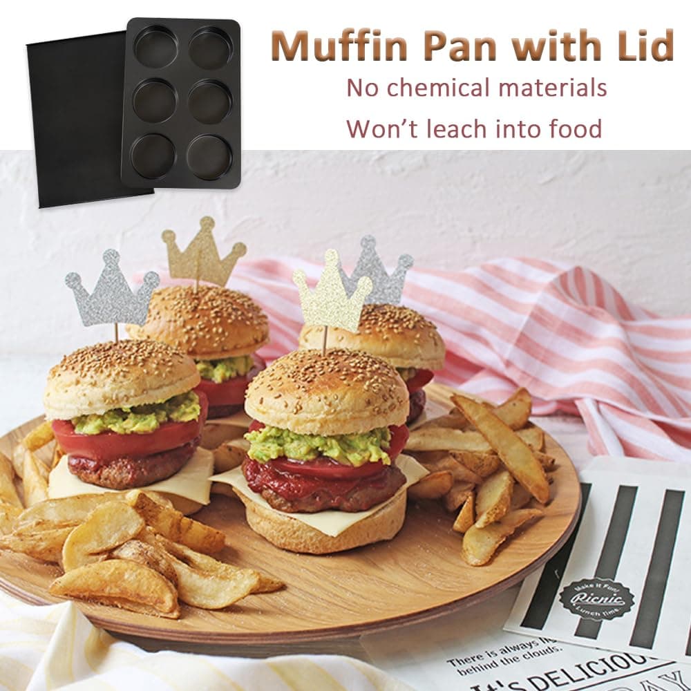 Elesinsoz 2 Pcs Muffin Top Pan with Lid, 3.6 Inch Non-Stick 6 Cup Straight Muffin Pan Cupcake Pan, Hamburger Bun Pan for Baking Egg Sandwich Frittata Cinnamon Roll thumbnail 5