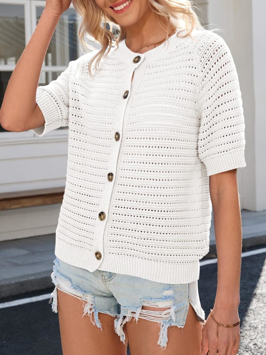 Saodimallsu Womens Crochet Cardigans Short Sleeve Button Down Knit 2026 Summer Casual Crew Neck Sweater Tops, White, Large thumbnail 4