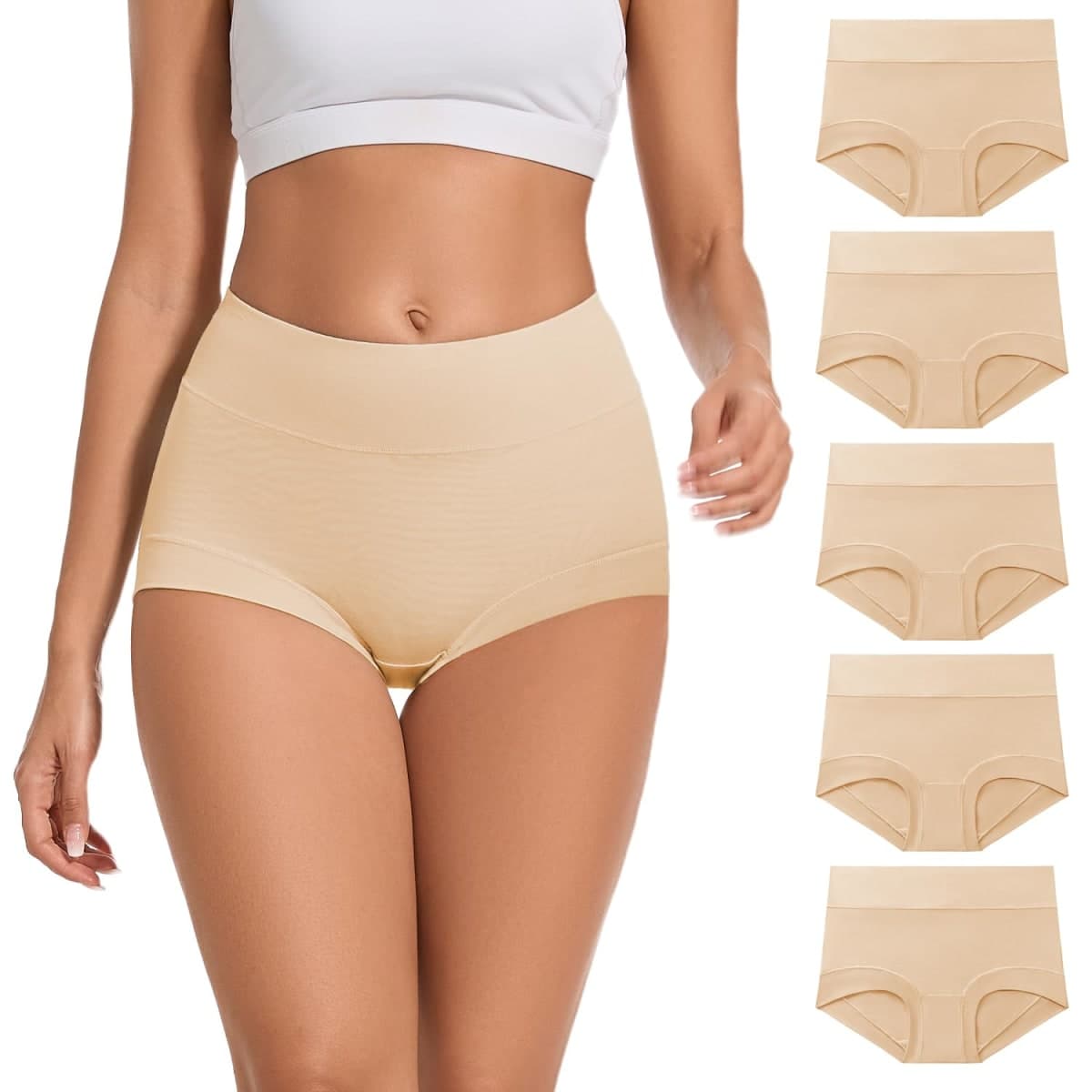 ALLBASE 5 Pack Womens Cotton High Waisted Full Coverage Underwear(Regular & Plus Size), Beige-5pack, XX-Large — image 1