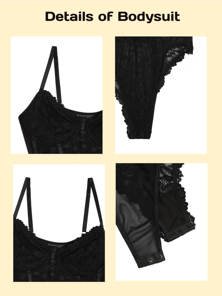 Milumia Women's Sexy Sheer Mesh Lace Bodysuit Spaghetti Strap Bustier Corset Tops Rave Party Club, All Black, X-Large thumbnail 3