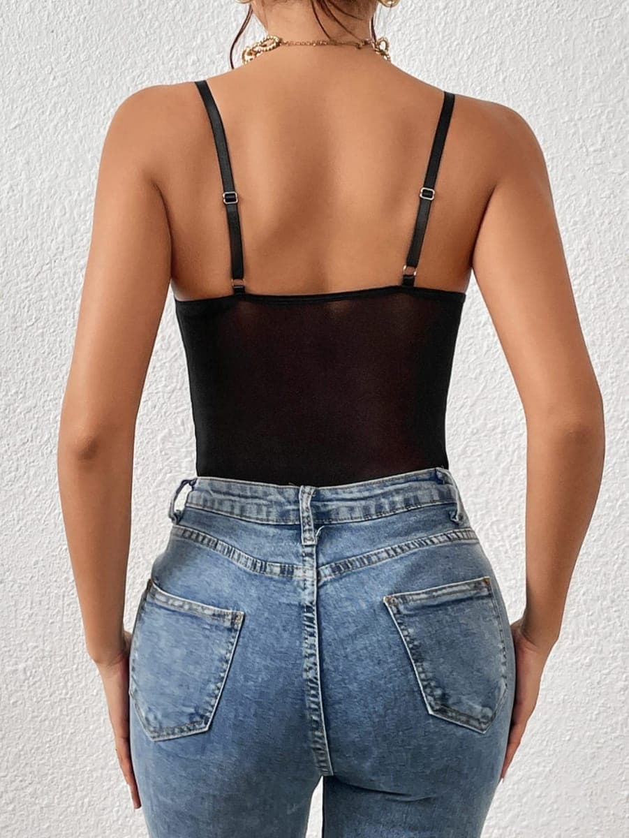 Milumia Women's Sexy Sheer Mesh Lace Bodysuit Spaghetti Strap Bustier Corset Tops Rave Party Club, All Black, X-Large thumbnail 4